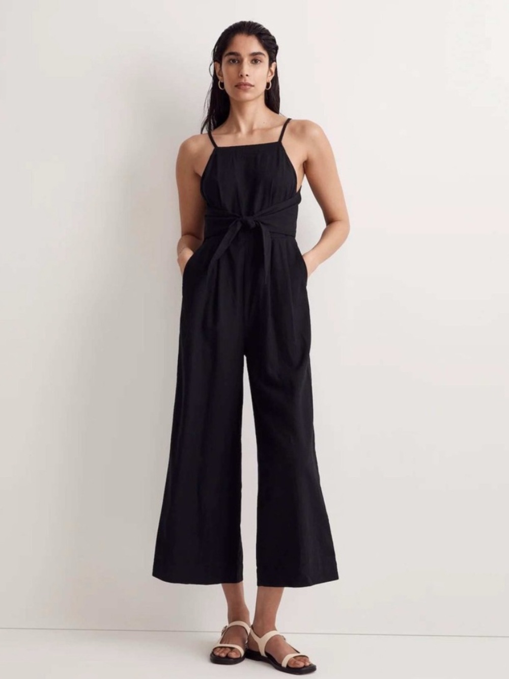Madewell Linen Blend Black Wide-Leg Cropped Jumpsuit with Tie Front